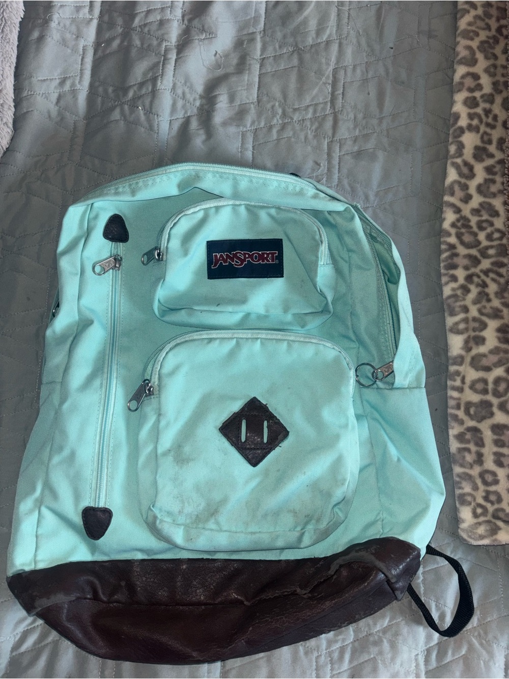 Jansport Mint Green Backpack with Brown Leather Base